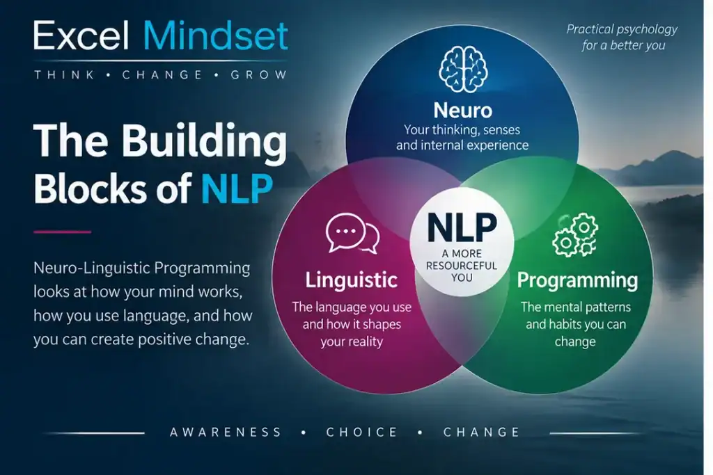 Diagram explaining the Neuro, Linguistic and Programming building blocks of NLP