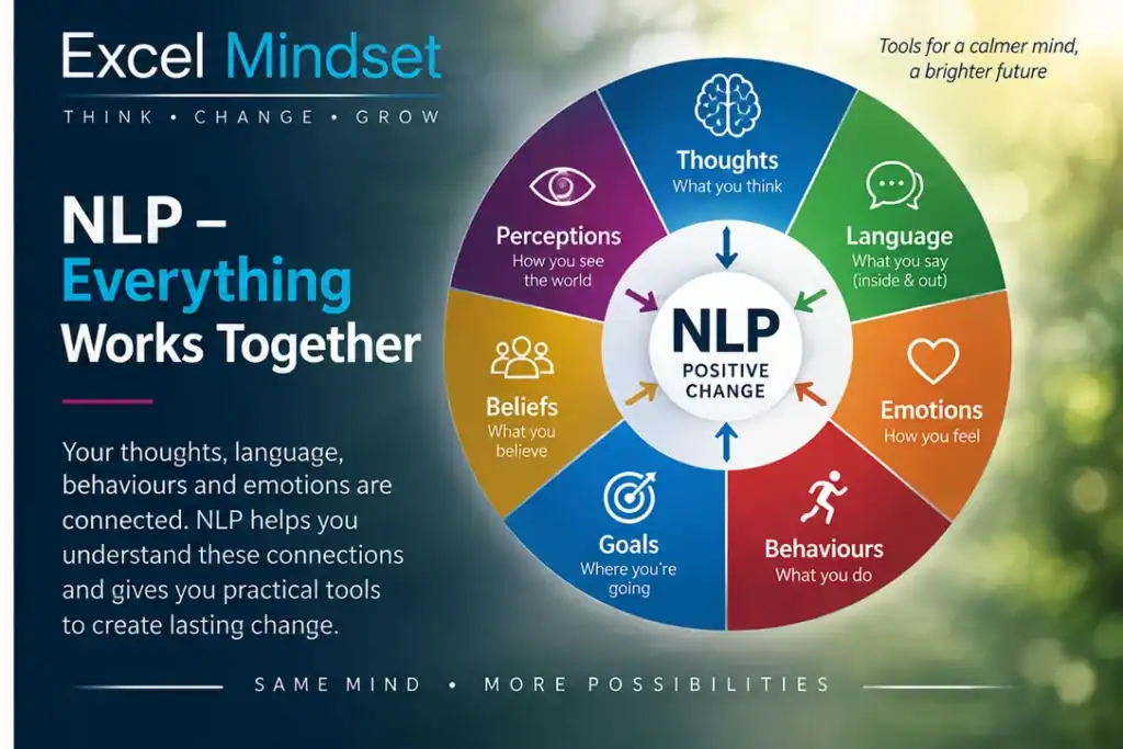 NLP diagram showing connections between thoughts, language, emotions, behaviours, goals, beliefs and perceptions